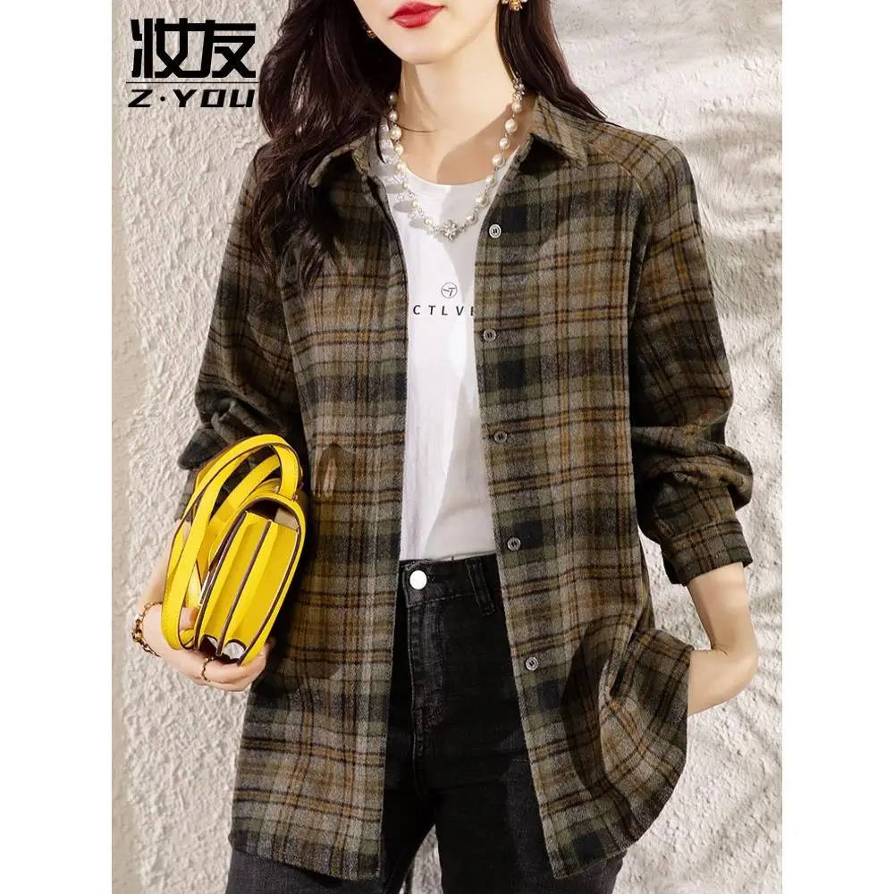 Thick Brushed Plaid Shirt Jacket Women Autumn and Winter Clothing 2024 New Tops Small Mid-length Windbreaker