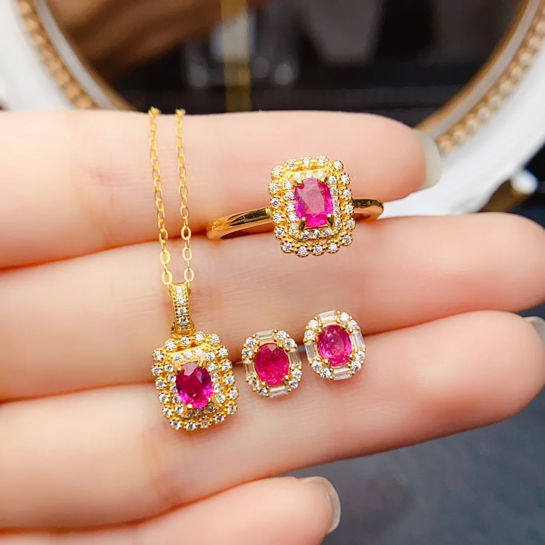 

S925 Серебряный комплект ювелирных изделий с натуральным розовым сапфиром, 4*5 мм, ожерелье, серьги, кольцо, элегантный подарок для женщин