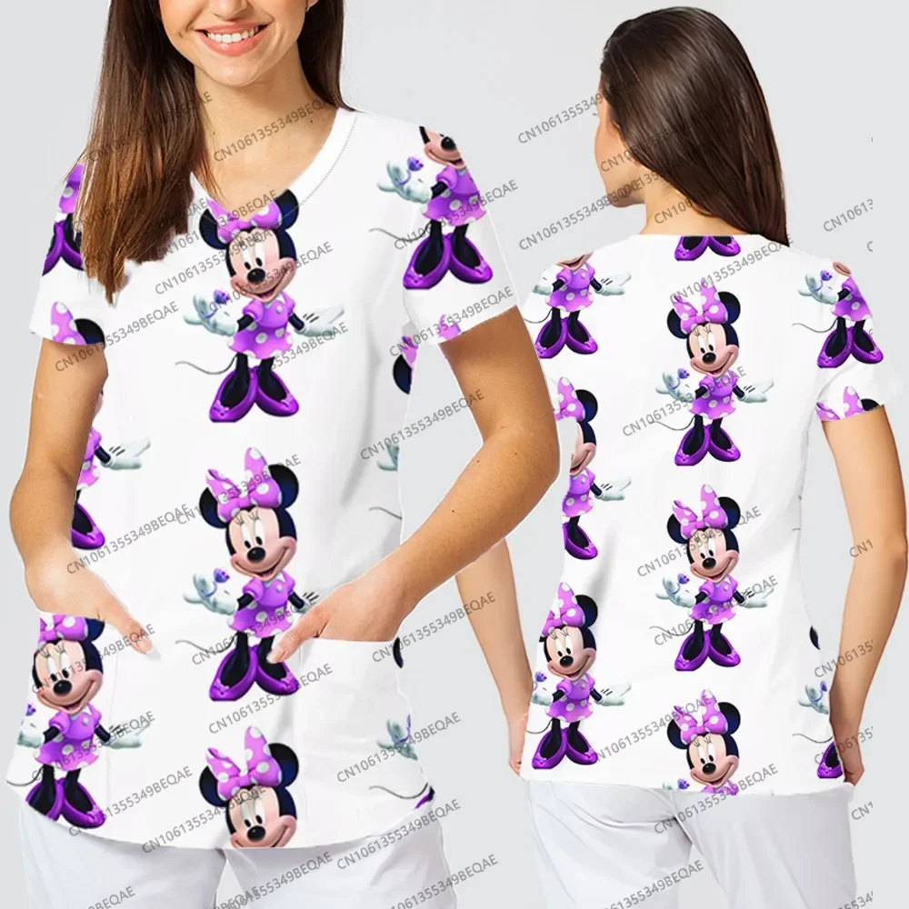 

V-neck Short Sleeve T-shirt Women's Miniso Disney 3D Printing Tops 2025 Summer New Y2k Style Fashion Nursing Uniform Clothing