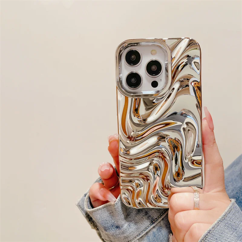 Caso Padrão 3D Onda para iPhone, Luxo Caso Prata chapeamento, Breve Soft Shockproof tampa traseira, Candy Color, iPhone 14, 13, 11, 12, 15 Pro Max