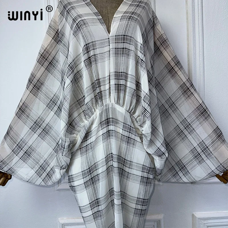 WINYI prospettiva con scollo a v vestito sexy classico stampa scozzese donna sciolto vacanza spiaggia cover up Party Kaftanabaya dubai luxury