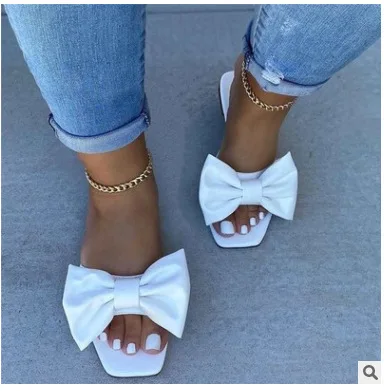 Shoes for Women Fashion Summer Plus Size Solid Color Bow Flat Sandals Outdoor Beach Slippers Women Shoes 36-43 Women Sandals