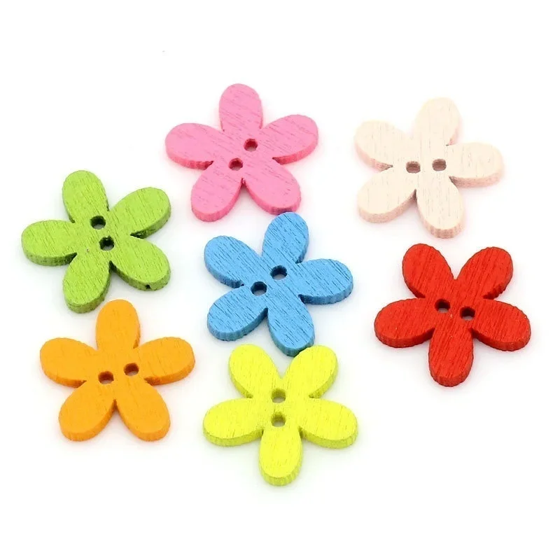 100pcs 14x15mm 2-hole Mixed Flower Wooden Decorative Buttons Suitable for Sewing Clip Arts and Crafts Multicolor