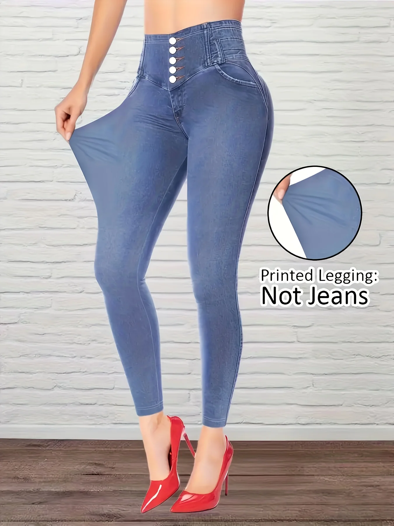 Bedruckte Damenleggings, kein Denim-Stoff, Design mit Scheintaschen und Knöpfen, hochelastische, modische, schmal geschnittene, lässige Skinny-Hose – Detail 2