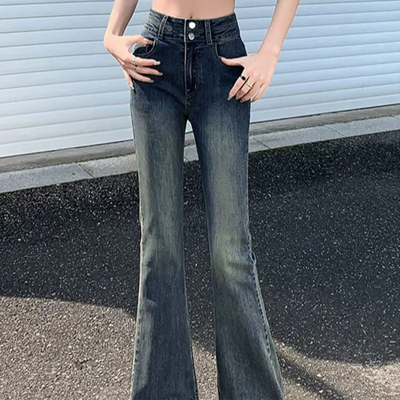 High Waist Slim Fit Micro Flared Jeans Women's Cement Grey Non-Matching Leggings Autumn New Style Wear Resistant Cotton Stret...