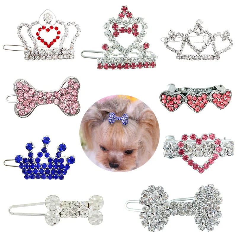 Pinza para el pelo de perro con diamantes de imitación de cristal, accesorios de corona para el cuidado de mascotas para cachorros y gatos,