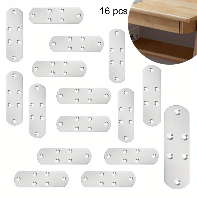 16pcs DIY Brackets Flat Corner Brace Plates Metal Repair Stainless Steel Plates for Wood Fixing Connector Fixing Brackets