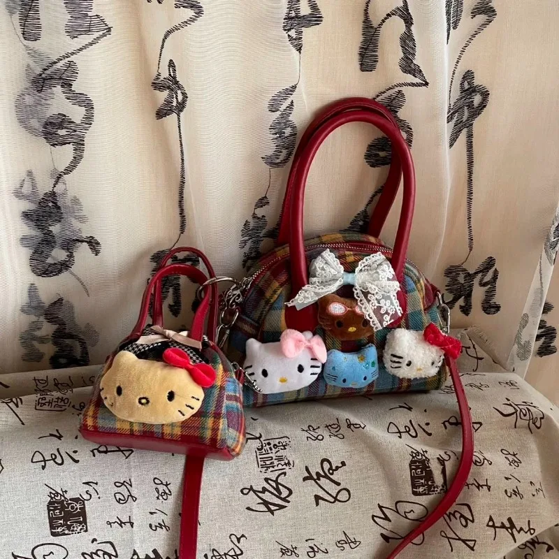 Xiuya Plaid Vintage Handbags for Women Cute Hello Kitty Y2k Sweet Bow Shoulder Bag Casual Harajuku Fashion Female Crossbody Bag