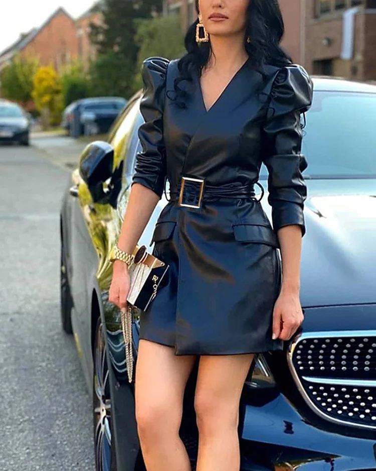

Trend PU Leather Dress Women New V-neck Long Puff Sleeve Autumn Slim Fit Containing Belt High Waist Office Lady Mini Robe Femme