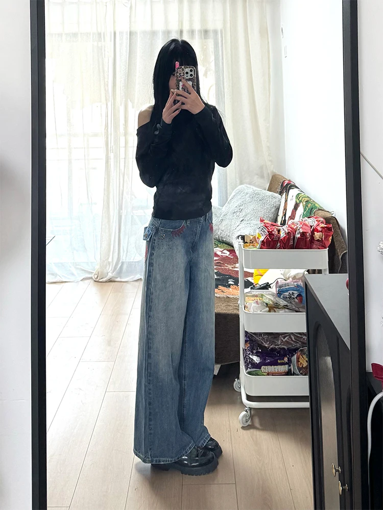 

Retro American Blue Denim Jeans Women's Loose Wide Leg Pants High Waist Machine Embroidery Spring Summer New Style Slimming
