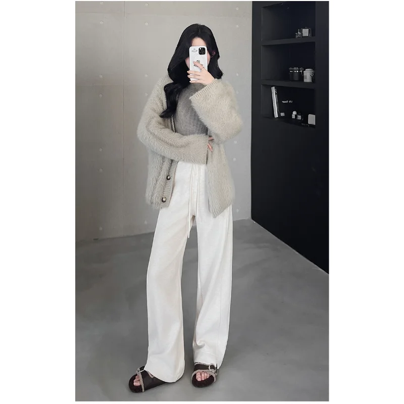 سميكة الكشمير السراويل عالية الخصر سليم صالح سبليت بنطال ذو قصة أرجل واسعة الخريف الشتاء تصميم جديد الشعور الموسعة سراويل تقليدية #3