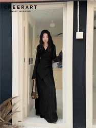 CHEERART Black Pleate Elegant 2 Piece Sets Women Outfit V Neck Long Sleeve Cardigan Top And Maxi Skirt Set Fashion Clothes