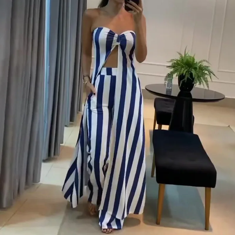 Women's New Fall Two-piece Fashion Streak Sex Appeal Navel Exposed Strapless  Bottom Hem Slit Long Top and Long Pants Sets