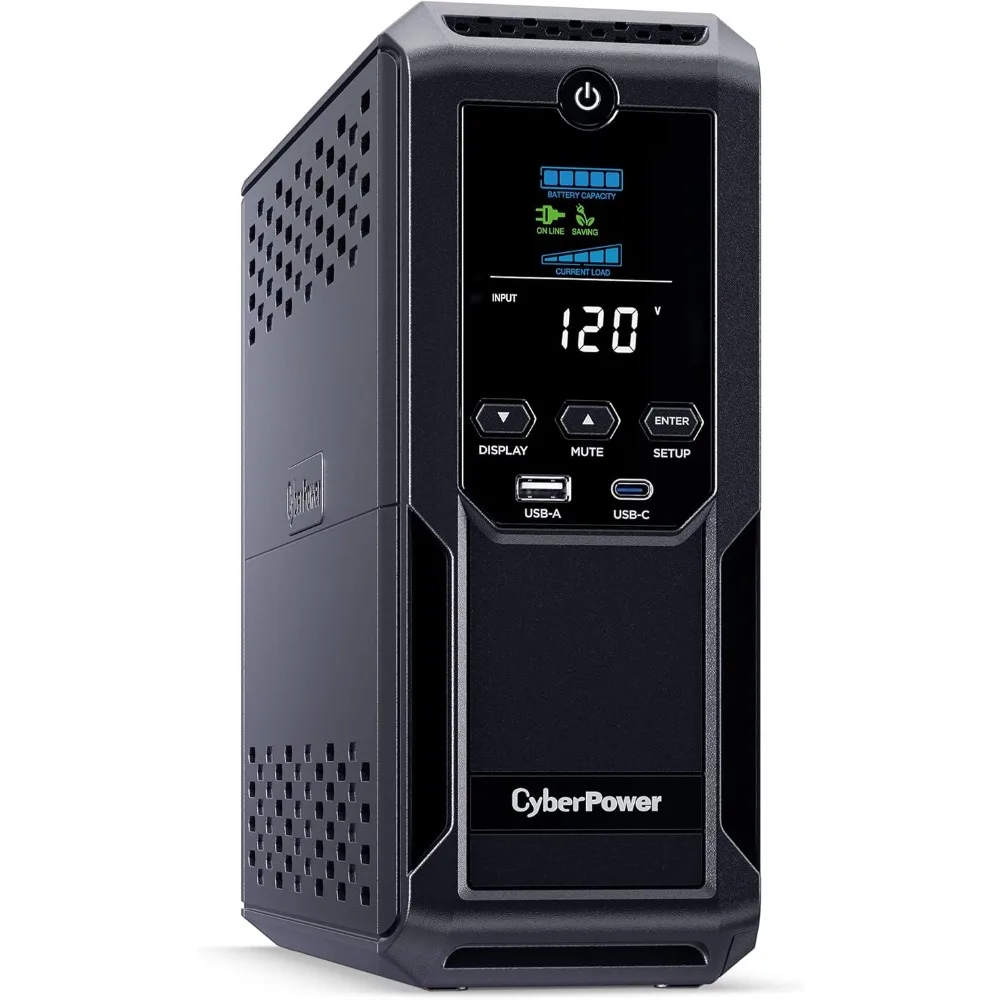 3 Intelligent LCD UPS System, 1500VA/900W, 12 Outlets, 2 USB Ports, AVR, Mini Tower, Black