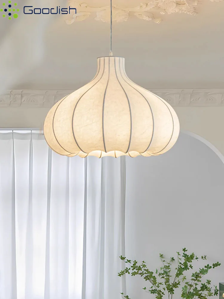 Lámparas colgantes francesas japonesas Wabi Sabi, color crema, elegantes cebollas, lámparas colgantes LED de seda para sala de estar, candelabros de decoración del hogar