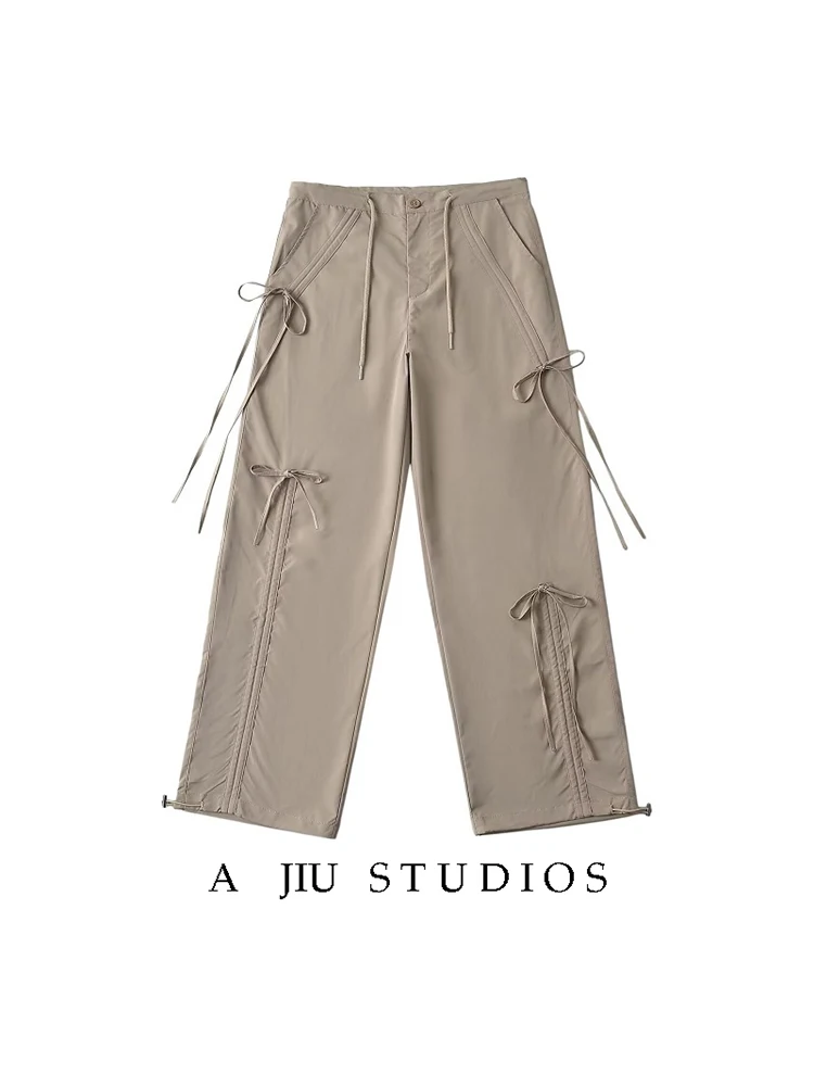 Sweet Cool Spicy  Knot Work Pants Women's Spring Retro Dstring Slimming Loose Casual Straight Leg Wide Leg Pants