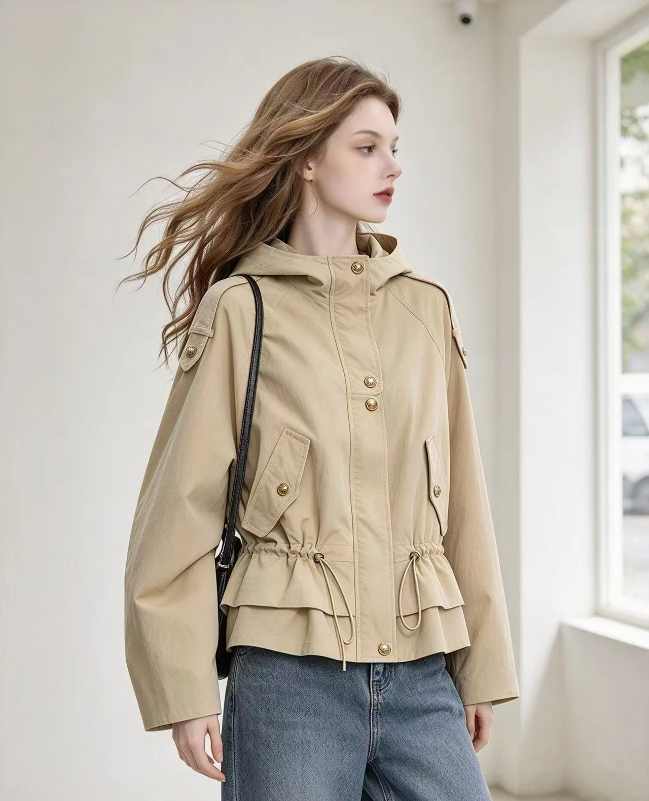 Guobioziy 2026 Autumn New Women's Jacket Hooded Long-Sleeve Drawstring Waist Loose Jacket Parka Coat Windbreaker Casual Stylish