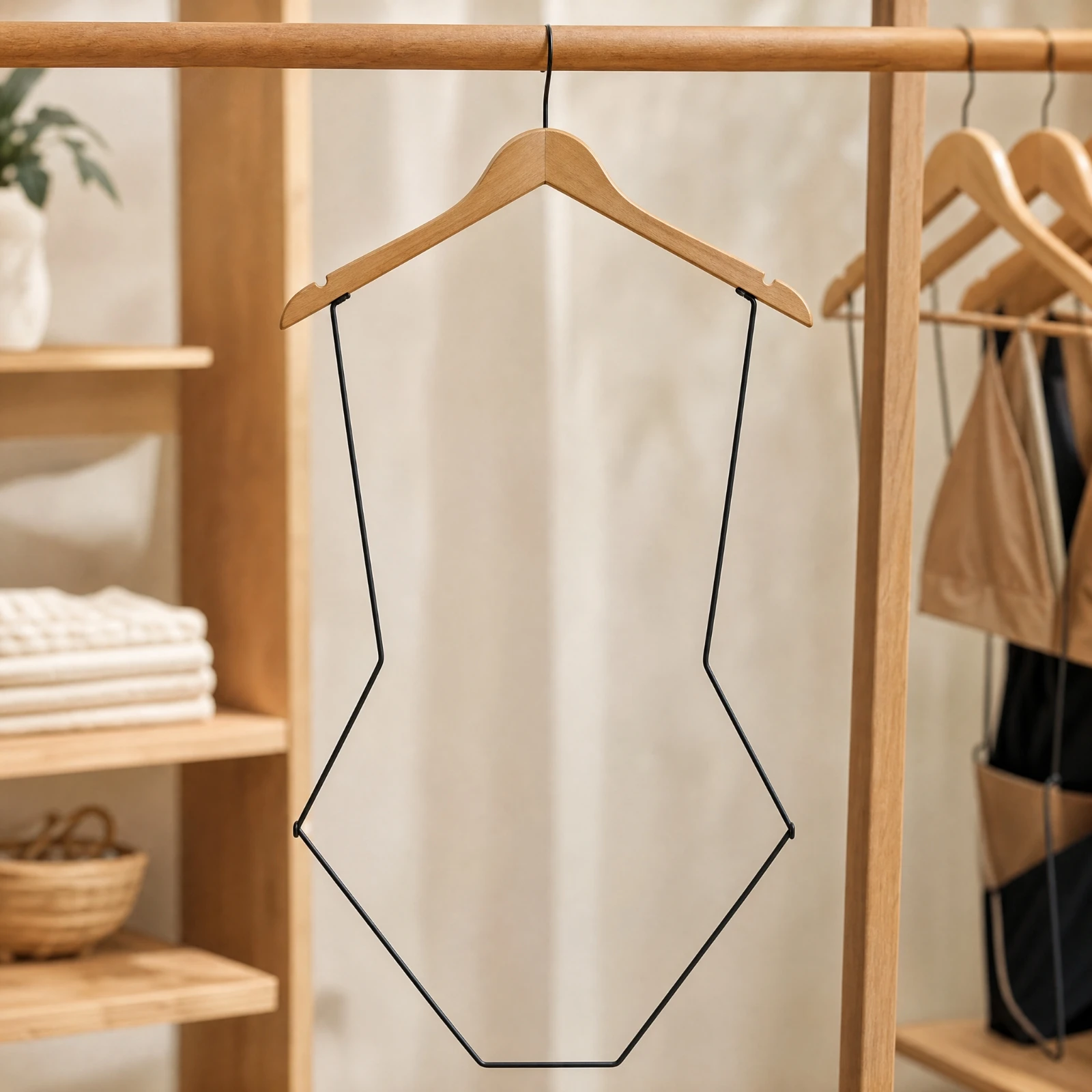 Clothes Hanger for Swimsuits Wooden Shoulder Bar with Grooves Metal Hook Stable Support for Swim Trunks and One Piece Suits