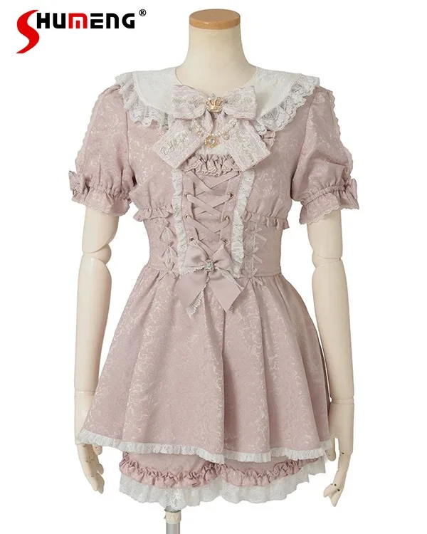 

Japanese Style Mass-Produced Sweet Cute Lolita Dresses Set Lace Doll Collar Bow Jacquard Dress Shorts Two-Piece Set for Women
