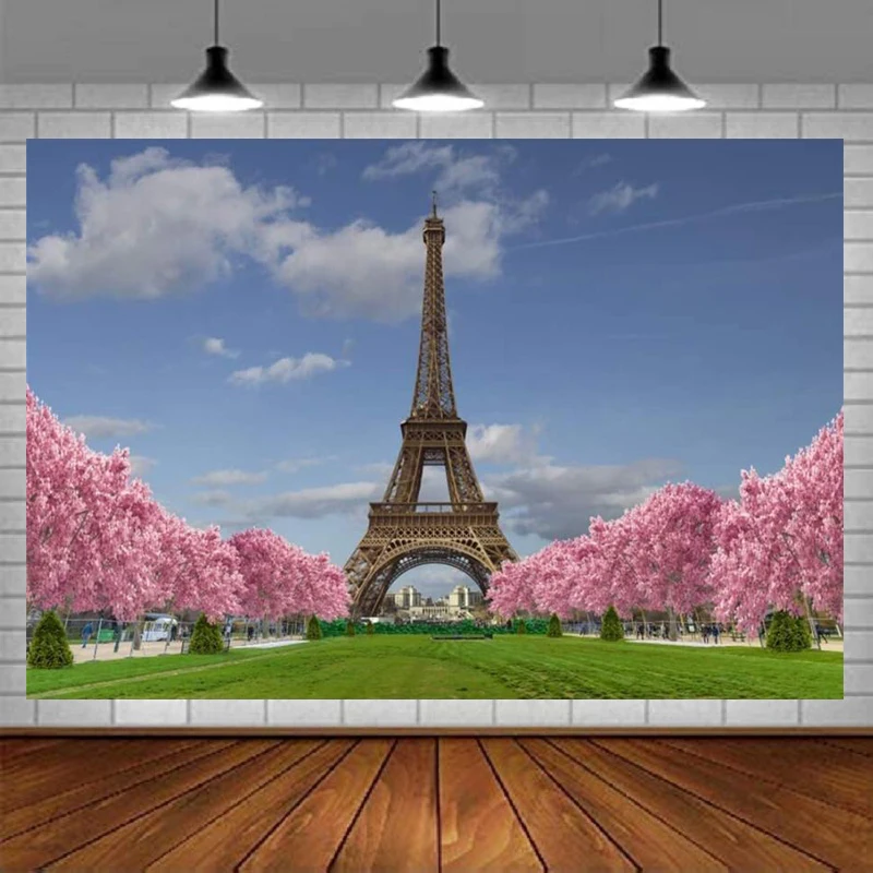 

Eiffel Tower Photography Backdrop Pink Flower Lawn City Landscape Wedding Background Portrait Shooting Travel Photo Studio