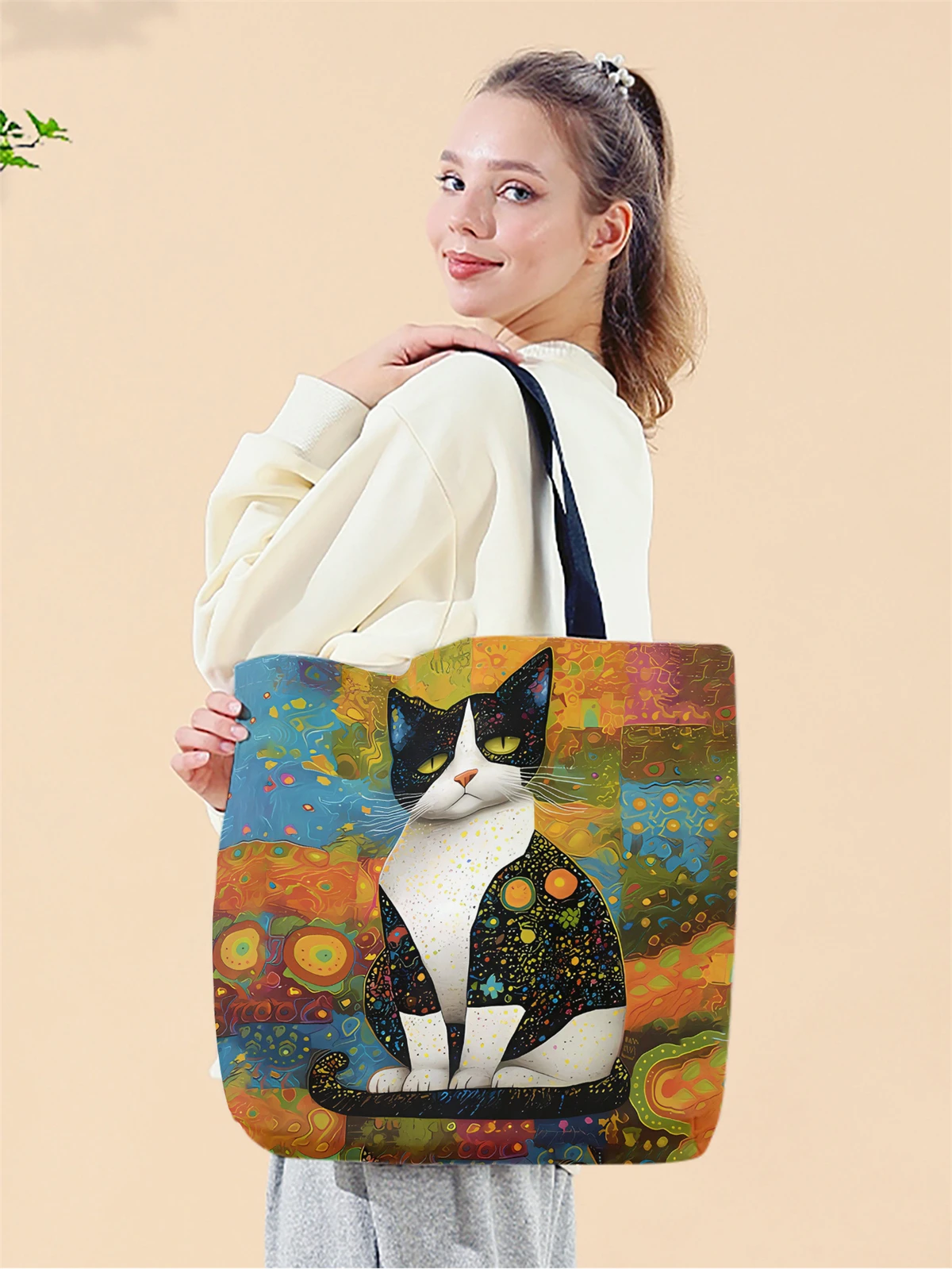 

1pc,colorful cat handbag, reusable fashionable handbag, multifunctional handbag, printed canvas shopping bag