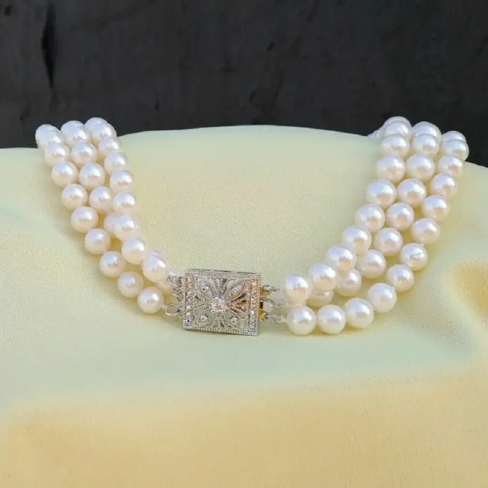 

Classic 3-Row Natural AAA7-8mm Round South Sea Round White Pearl Necklace 925s 18.19.20 inch