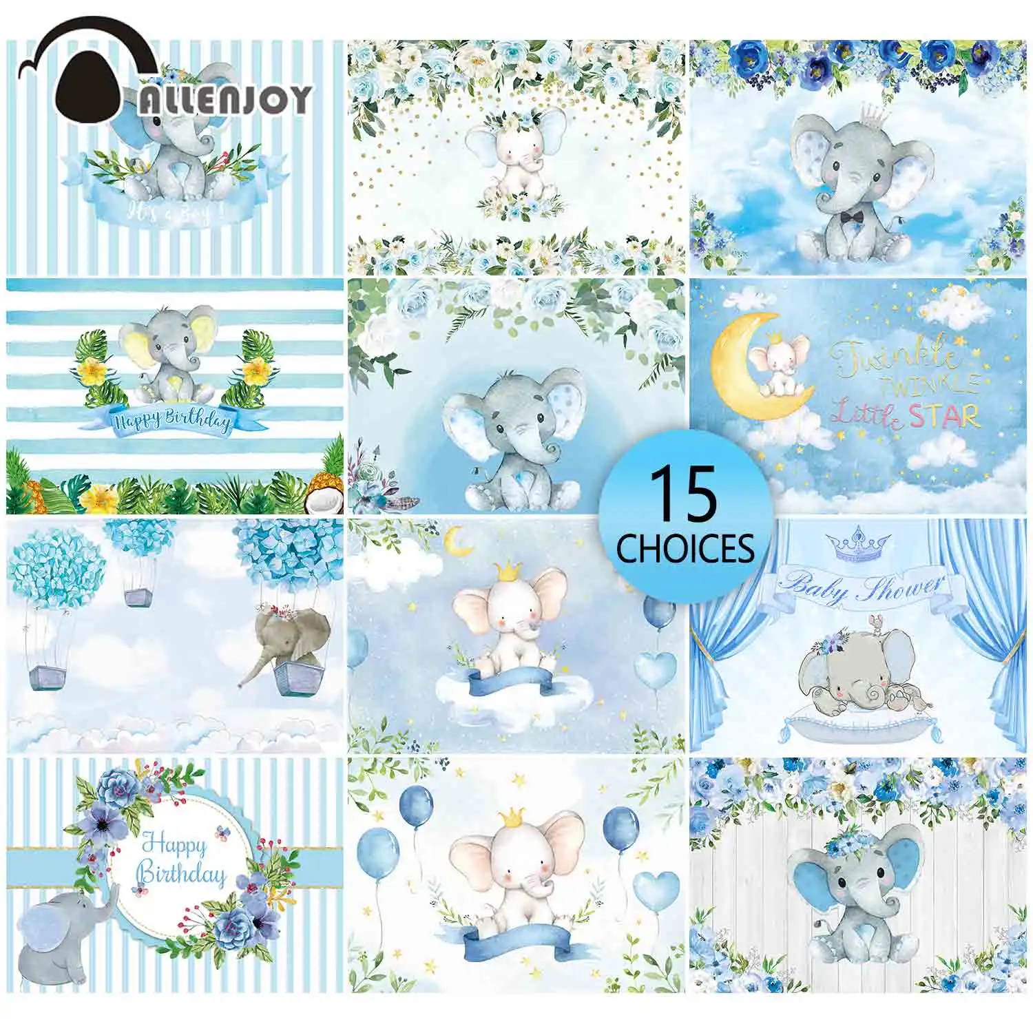 

Allenjoy Baby Shower for Elephant Backdrop Blue Birthday Party Banner Flower Vinyl Decoration Banner Photocall Background