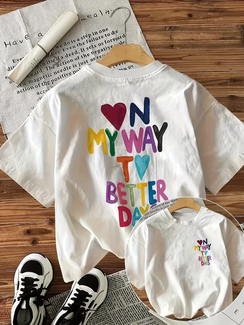 Colorful Positive Quote Print T-shirt Crew Neck Short Sleeve Uplifting Graphic Tee Casual Outdoor Daily Holiday Street Style
