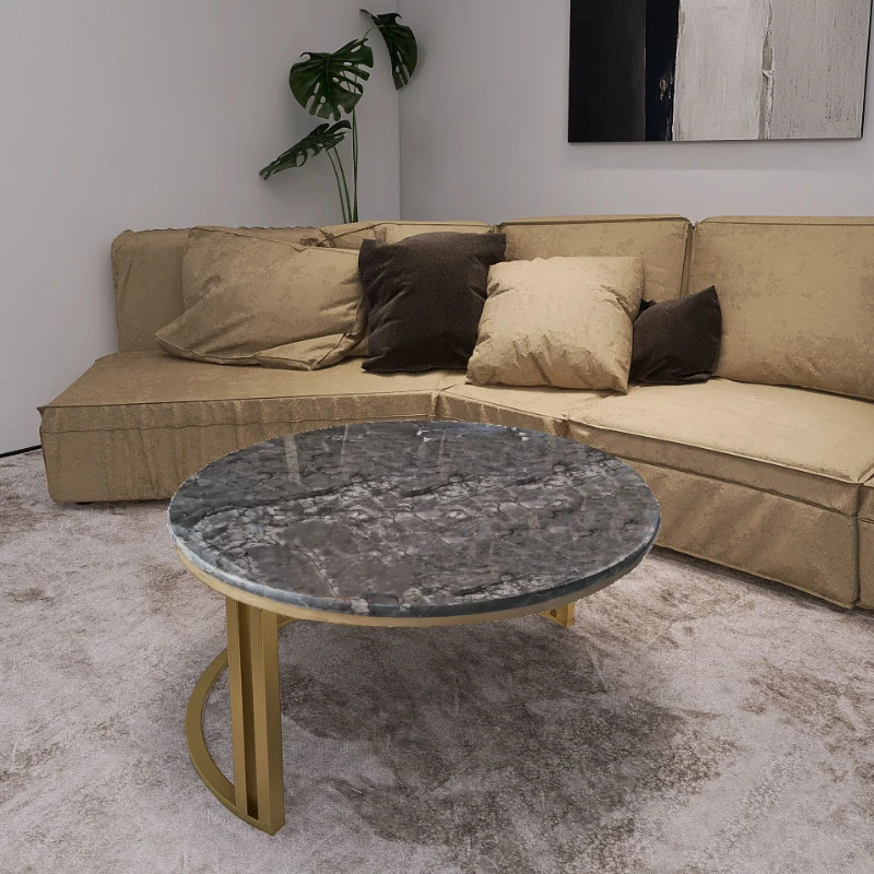 

Golden metal base round grey marble top center coffee table