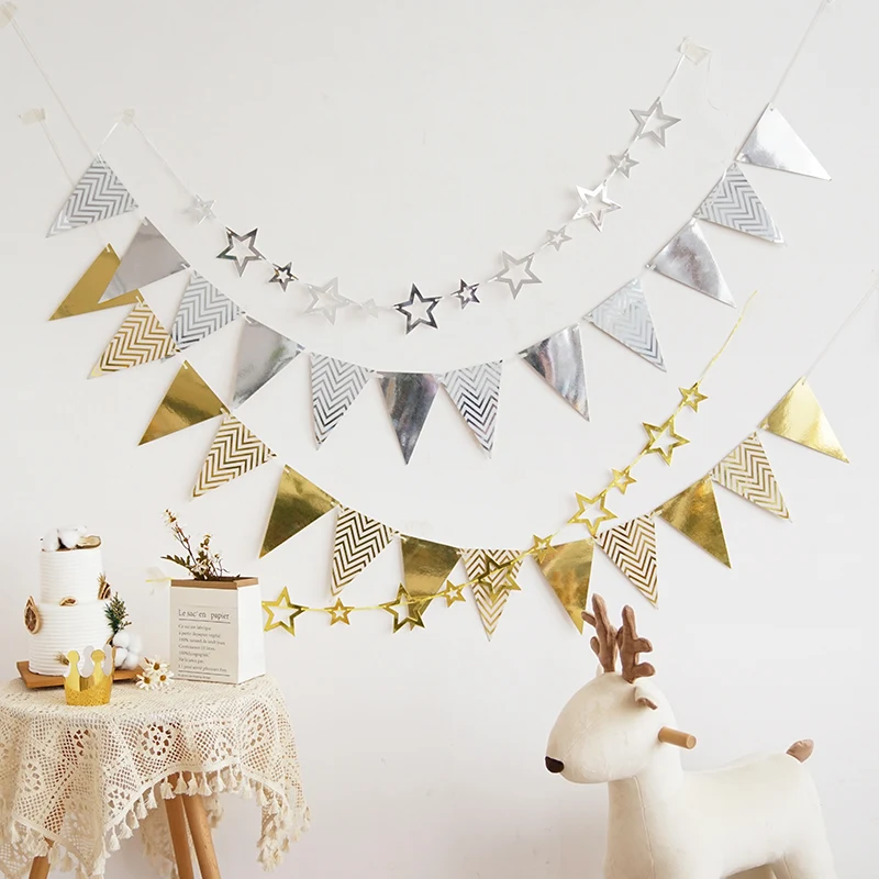 INS Wedding Backdrops Decorations Kids Birthday Party Blue Pink Paper Flag Baby Shower Gold Garland