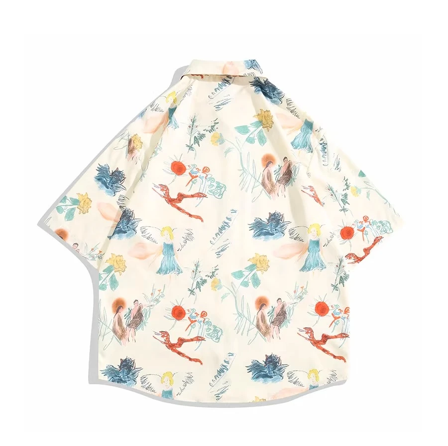 2025 Summer New Japanese Style Graffiti Colorful Print Short Sleeve Shirt Beach Vacation Style Men's Casual Shirt