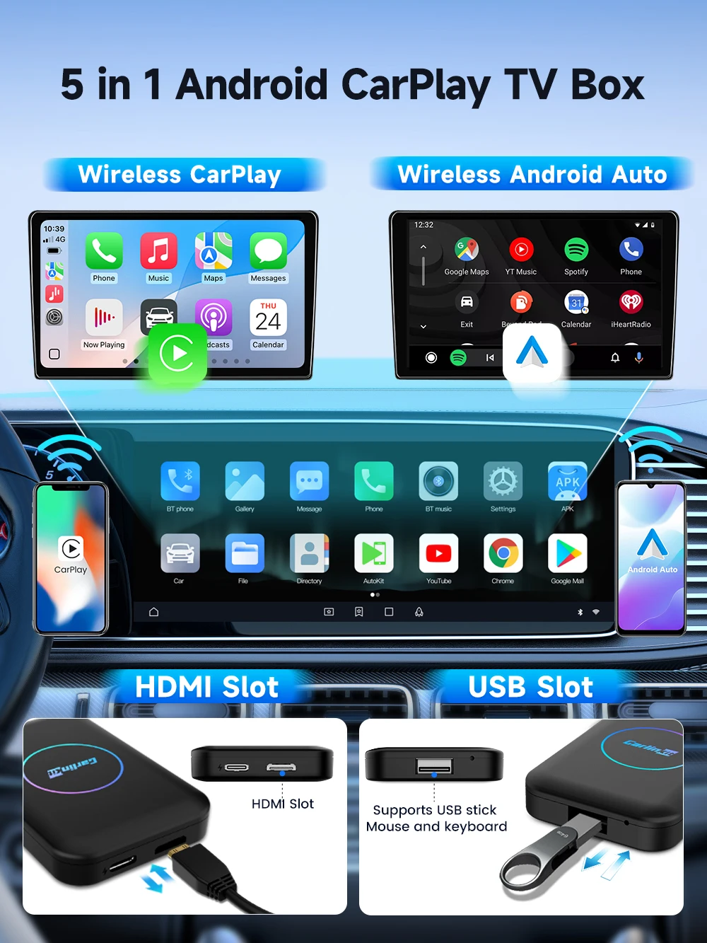 CarlinKit Android AI Box Wireless Adapter Lite S Kabelloser Dongle CarPlay Android Auto für IPTV YouTube Netflix Spotify HD-Ausgang – Detail 3