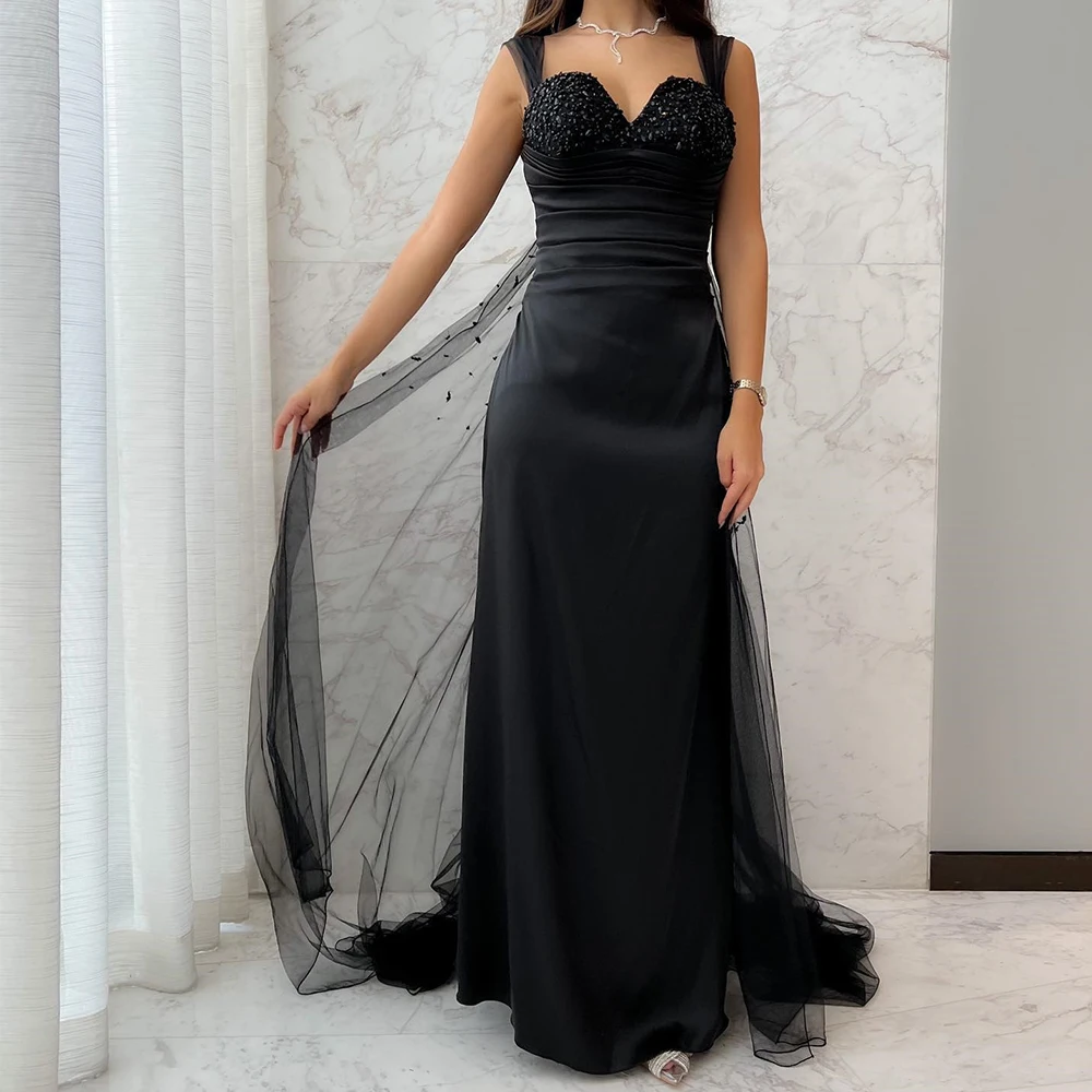 

Black Backless Straight Formal Evening Dress Sweetheart Sleeveless Satin Prom Gowns with Court Train Party Dress Custom Made