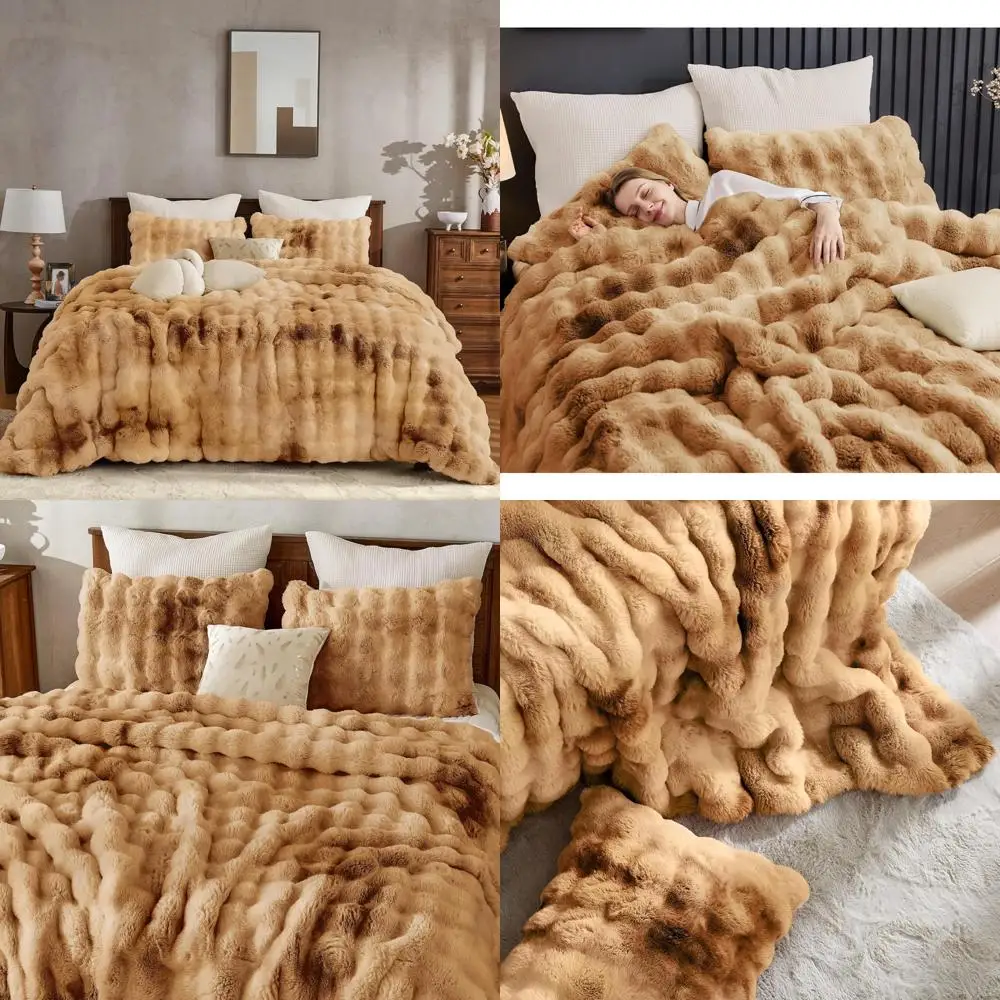 

King Size Tie-Dye Caramel Faux Rabbit Fur Comforter Set - Plush, Fluffy, and Warm Bedding