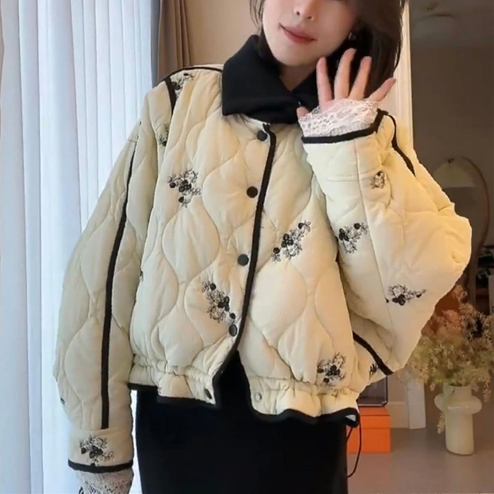 Korean Style Aesthetic Floral Quilted Parkas Coat Drawstring Short Jackets Sexy Women Winter Outerwear Women French Office Lady