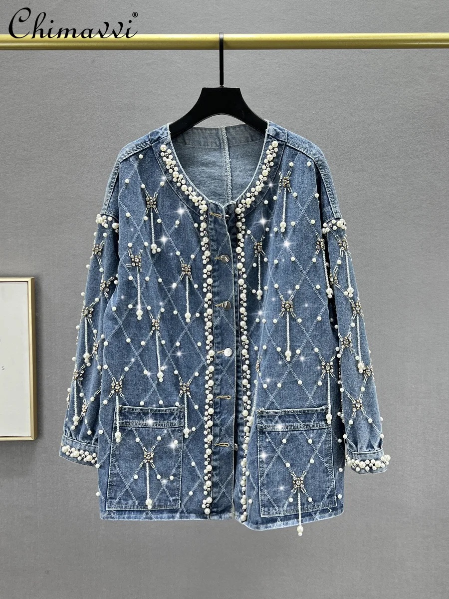 Heavy Beads Diamond Denim Jacket for Women 2024 Spring Autumn New Fashion Loose Slim European Mid-Length Jackets Top Streetwear