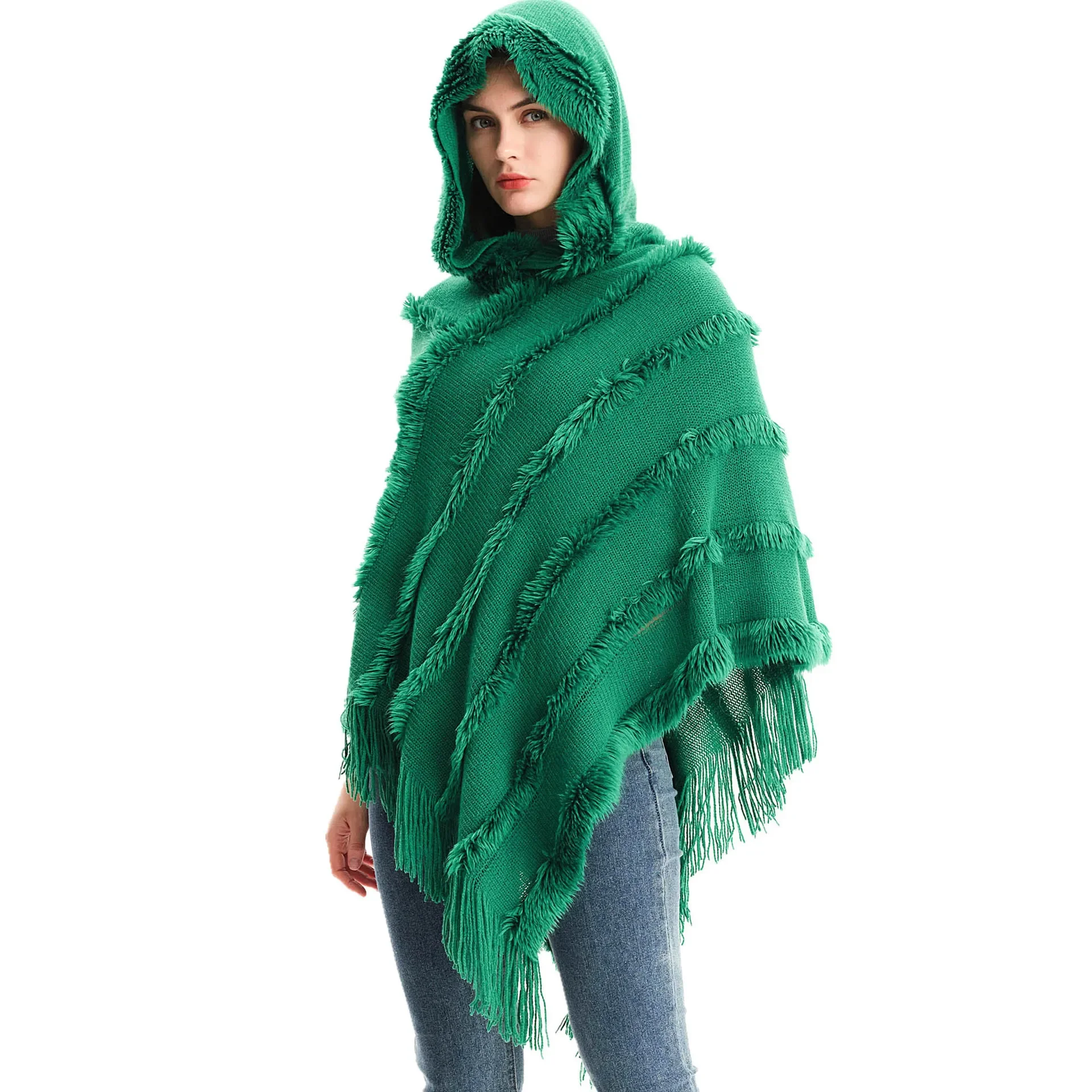 2024 New Winter Cape Shawl Women's Solid Color Hooded Sweater Knitted Pullover Cape Shawl