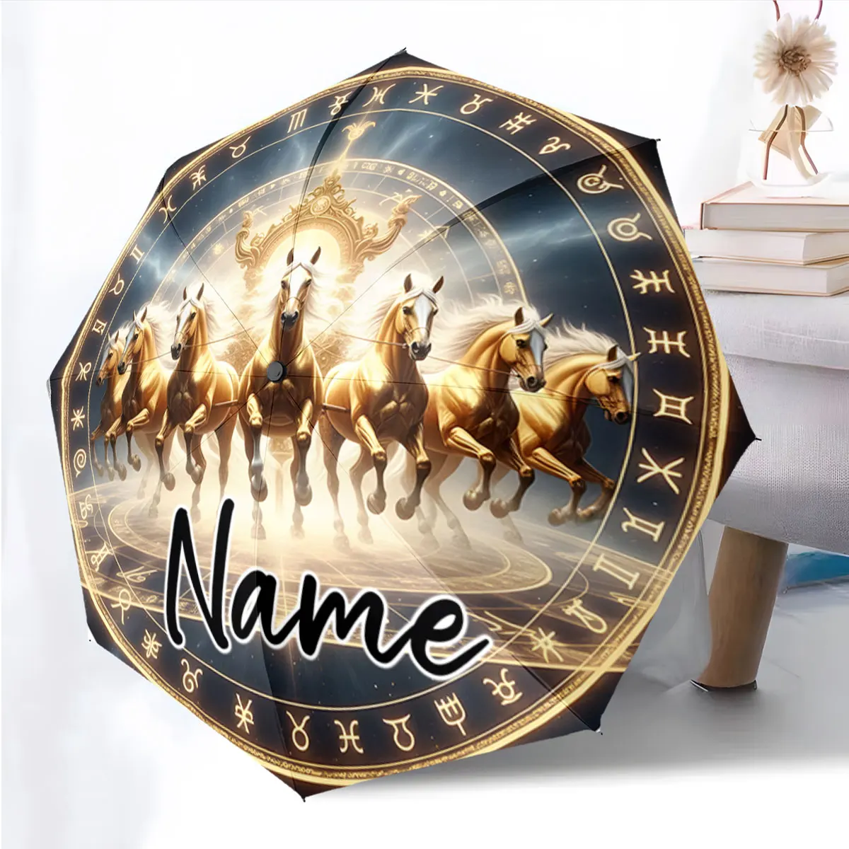 Custom Name Golden Horses Design Umbrella with Zodiac Symbols Print 8 Iron Ribs Folding Umbrella Auto-Open Fashion Sunshade
