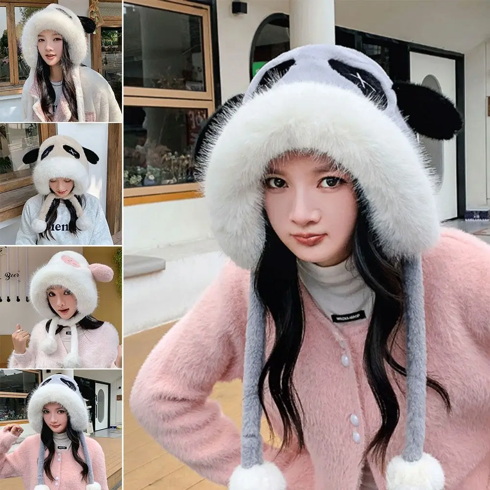 Outdoor Plush Panda Ear Hat Windproof Thickened Bucket Hat Winter Warm Ear Protection Cap for Woman Girls