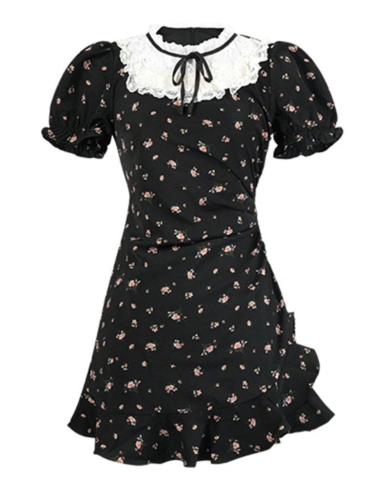 フレンチコーヒーブレイクレースパッチワーク黒花柄ドレスガーリッシュかわいいかわいい弓ショートガウン女性ストリートデート Vestidos 日常着