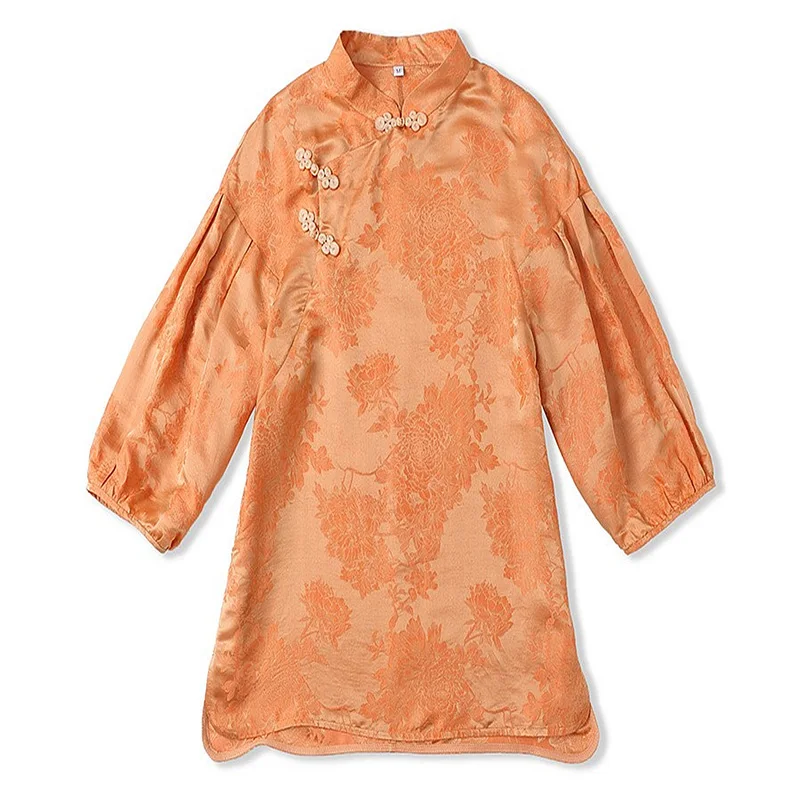 

High-end Summer Chinese Style Silk Blouse Shirt Women Fashion Loose Lady Orange-yellow Red Yarn Shirt Top S-XL