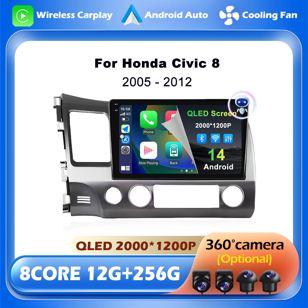 

10" Android 14 Carplay Car Stereo Radio for Honda Civic 8 2005-2012 Multimedia Player 4G WIFI Audio Navigation GPS NO 2 Din DVD