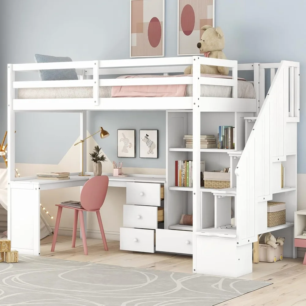 Double loft bed, wooden double loft bed frame, L-shaped desk, drawers, cupboards, storage staircase, bedroom furniture