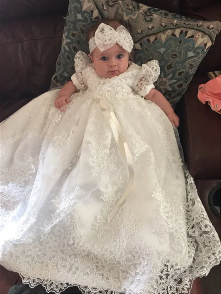 White Lace Baby Girl Christening Gowns Long Newborn Kids Toddler Baptism Party Dresses First Birthday Outfits Wedding Dress