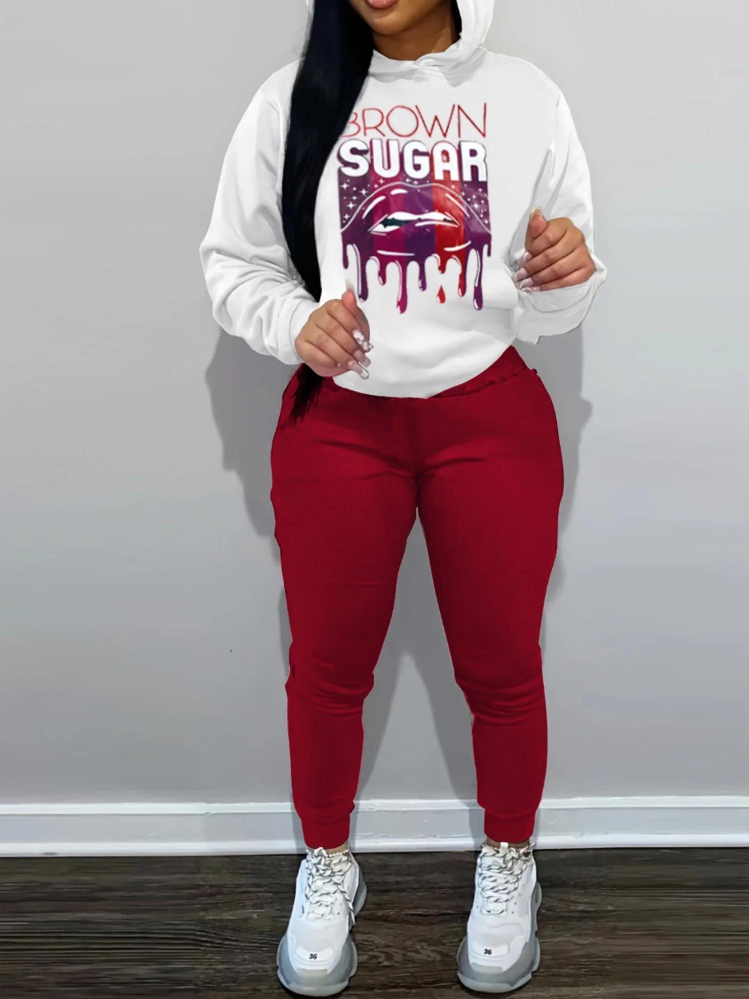 LW-chándal Multicolor con capucha, conjunto de 2 piezas con estampado de letras y labios, sudadera con bolsillo de canguro y pantalones, ropa deportiva de invierno y otoño