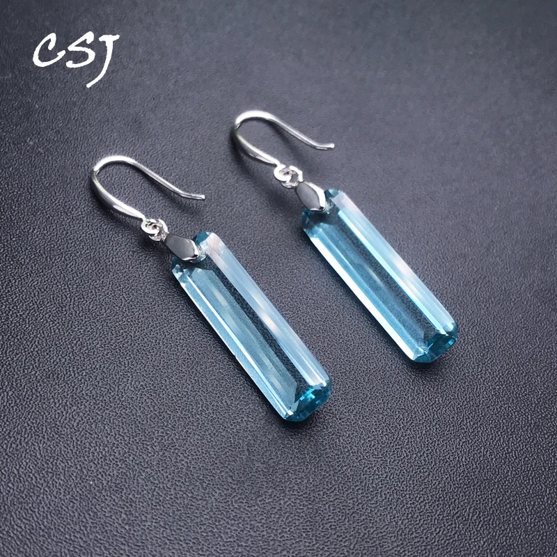 

CSJ Elegant Aquamarine Dangle Earring Sterling 925 Silver Topaz Quartz Gemstone 9*23mm for Women Birthday Party Jewelry Gift