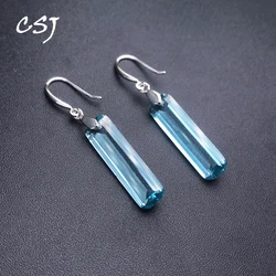 CSJ Elegant Aquamarine Dangle Earring Sterling 925 Silver Topaz Quartz Gemstone 9*23mm for Women Birthday Party Jewelry Gift