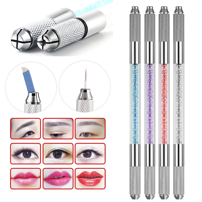 Hot Sale Double Crystal Acrylic Tattoo Pen 2 usage For Flat or Round Needles Microblading Permanent makeup Eyebrow Tools