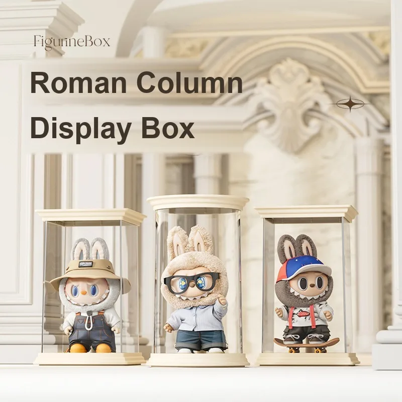 Clear Acrylic Figurine Display Box Roman Column Base Stackable Dustproof Blind Box Organizer with Lid for Collectibles