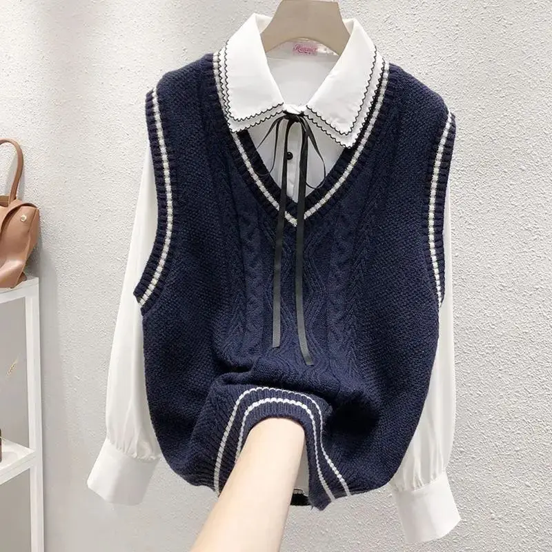 Gilet maglione lavorato a maglia con scollo a V stile Preppy Vintage alla moda da donna Y2K gilet Pullover allentato senza maniche Casual femminile